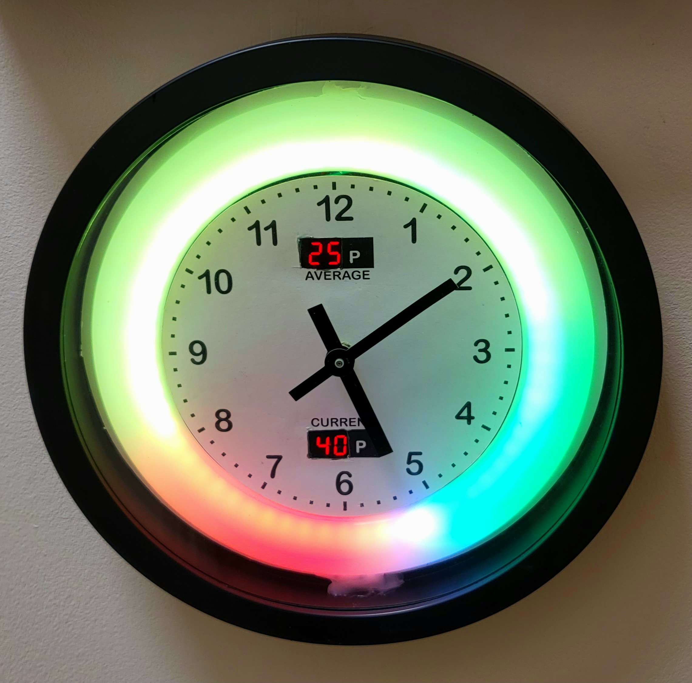 Analog clock interface showing electricity rates for the next 12 hours
