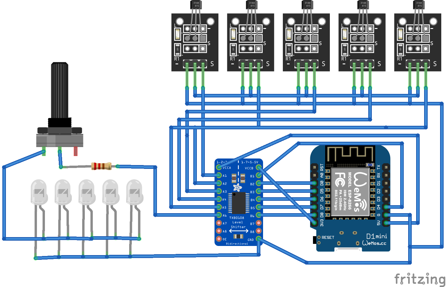 Breadboard circuit diagram for the world map frame
